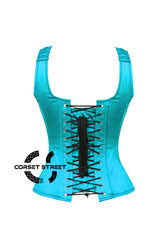 Baby Blue Satin Shoulder Strap Gothic Zipper Overbust Corset Bustier Costume